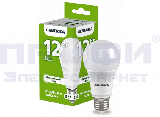 Лампа LED A60 груша 12Вт 230В 4000К E27 GENERICA