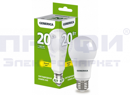 Лампа LED A60 груша 20Вт 230В 3000К E27 GENERICA Лампа LED A60 груша 20Вт 230В 3000К E27 GENERICA